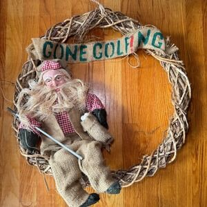 Vintage Golf‎ Santa Grapevine Wreath "Gone Golfing" Rustic Holiday Wall Decor